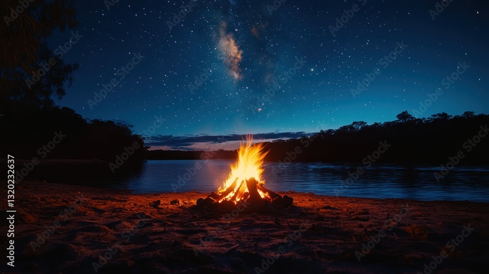 Fototapeta premium A Beautiful Bonfire Illuminates a Dark Night Sky Above Calm Waters
