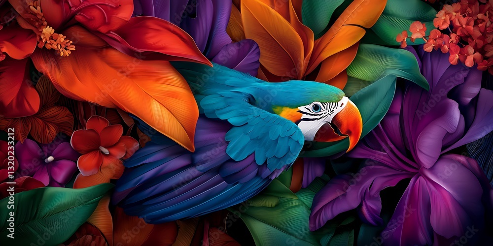Obraz premium Vibrant macaw perched among colorful tropical foliage, showcasing nature's beauty and diversity
