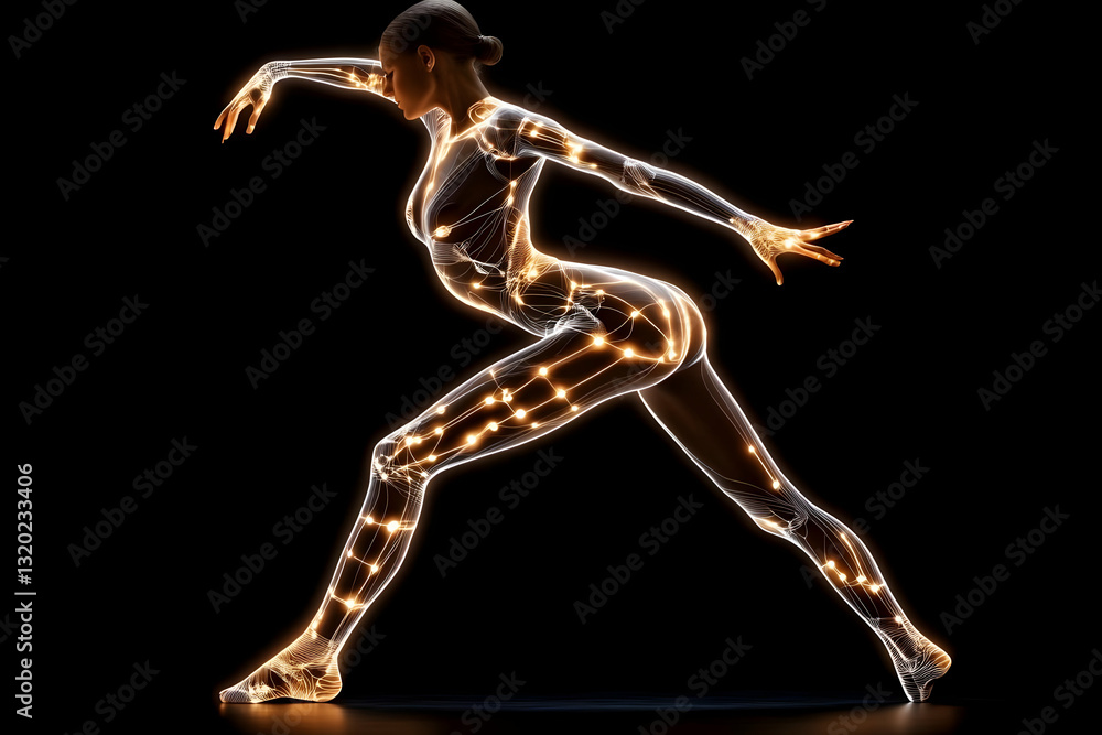 3D Render of Illuminated Female Figure in Dynamic Pose, Abstract Background, Glowing Lines and Nodes, Energetic Movement