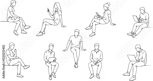 Vector illustration, Outline silhouettes of people, Contour drawing, people silhouette, Icon Set Isolated , Silhouette of sitting people, Architectural set