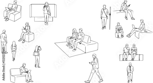 Vector illustration, Outline silhouettes of people, Contour drawing, people silhouette, Icon Set Isolated , Silhouette of sitting people, Architectural set