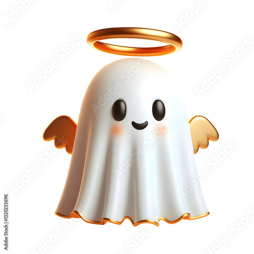 Cute 3d ghost cloak surrounded by a golden halo isolated on white background