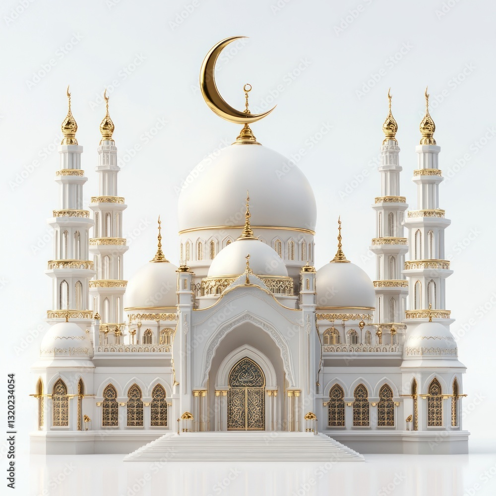 Obraz premium Elegant white mosque with golden accents, crescent moon.
