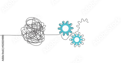 Process of solving, unleashing problems animation. From a complex problem to a simple business solution. Brainstorming video. Thin line knot and gears
