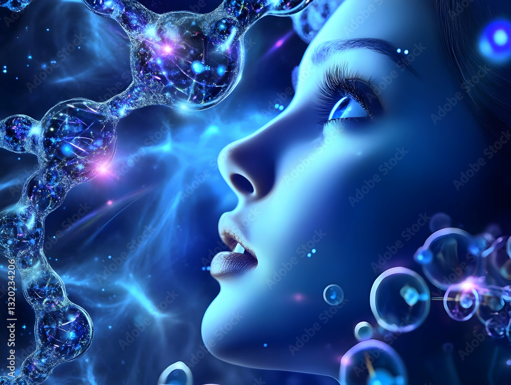 Abstract 3D Illustration: Woman's Face Gazes at Intricate Molecular Structures in a Blue Nebula Background Abstract 3D Illustration: Woman's Face Gazes at Intricate Molecular Structures in a Blue Nebula Background