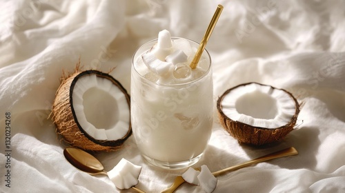Refreshing coconut beverage.  A creamy, iced drink, garnished with coconut pieces, in a clear glass.  Surrounded by coconut halves and golden utensils on a white fabric
