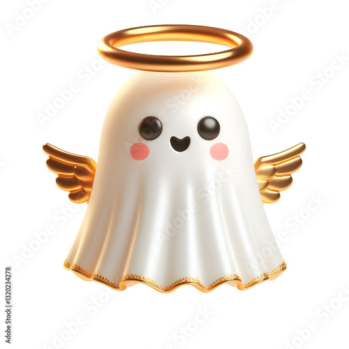 Cute 3d ghost cloak surrounded by a golden halo isolated on white background