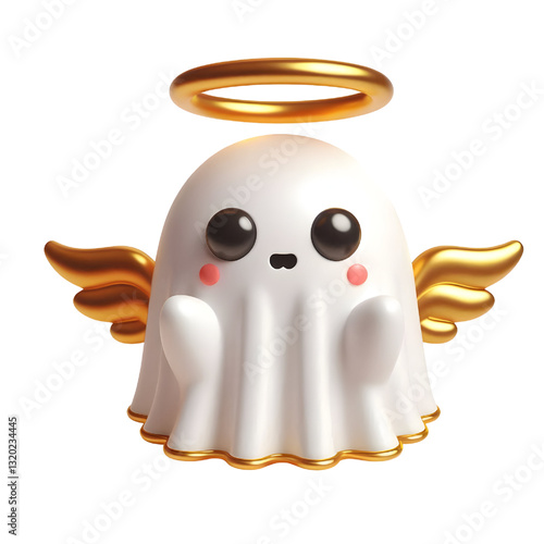 Cute 3d ghost cloak surrounded by a golden halo isolated on white background