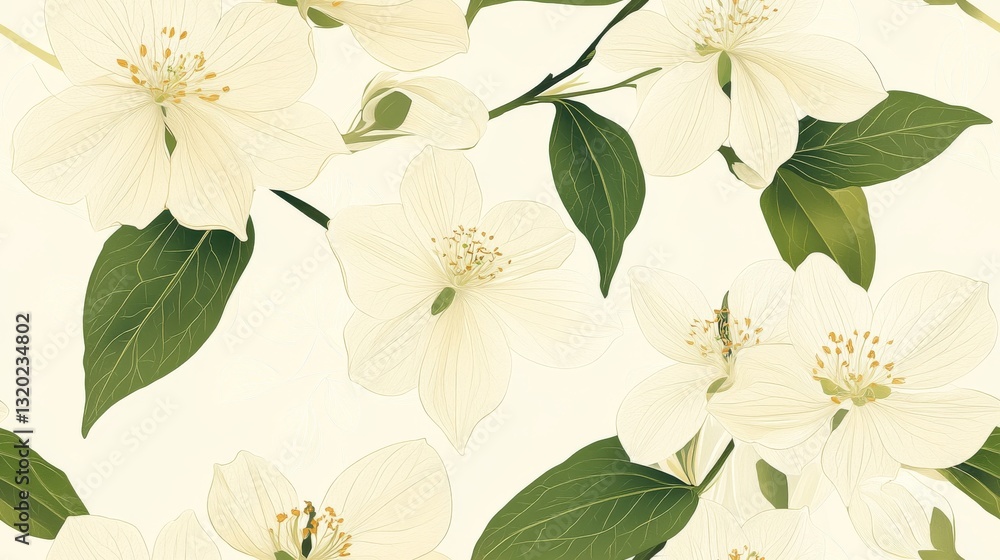A beautiful seamless pattern featuring white flowers with green leaves A beautiful seamless pattern featuring white flowers with green leaves