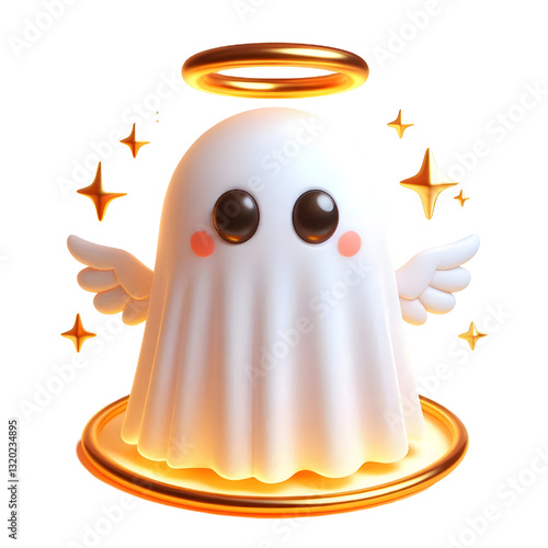 Cute 3d ghost cloak surrounded by a golden halo isolated on white background
