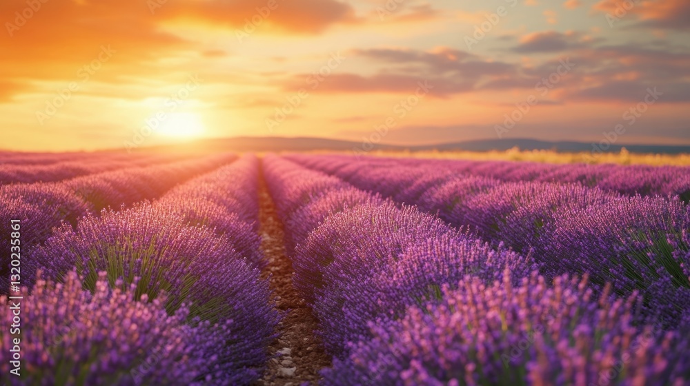 Fototapeta premium Lavender field stretching to the horizon, golden sunset light generative ai