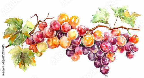 Colorful Bunch of Grapes: A vibrant watercolor depiction of a lush grape cluster with a rich display of colors and textures. The artwork captures the beauty and appeal of nature's bounty.