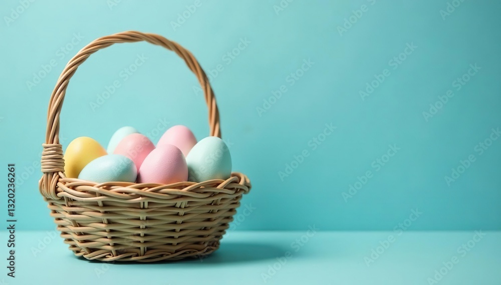 Pastel eggs in a woven basket, ornate blue wall; light blue room, wallpaper, interior Pastel eggs in a woven basket, ornate blue wall; light blue room, wallpaper, interior