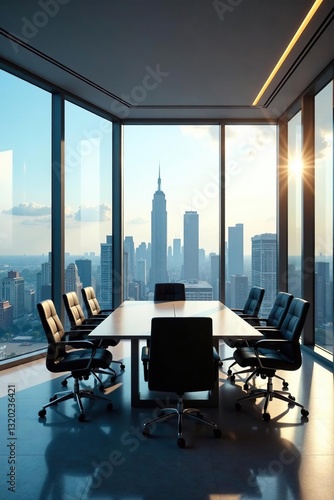 Sleek glass-walled meeting room, stunning city vista, large window, corporate, luxury