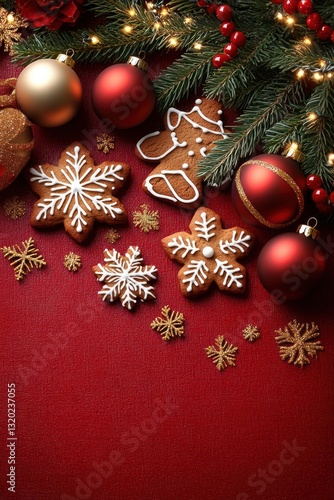 Christmas Ornaments with Gingerbread Snowflakes and Pine Branches on Red Background