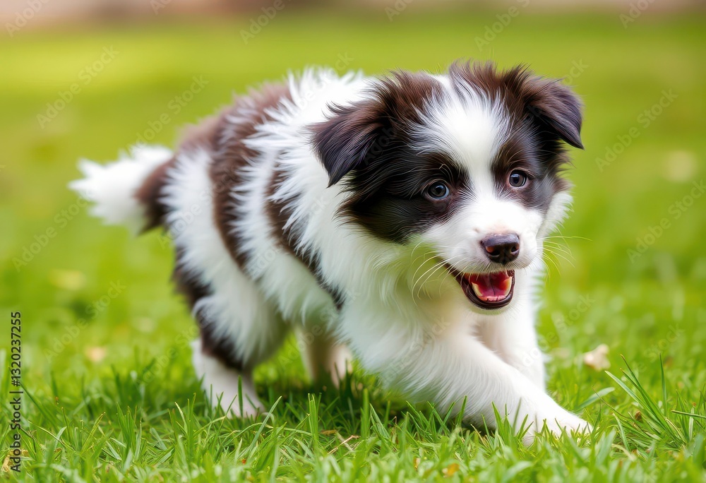 Fluffy white Border Collie puppy playing on green grass, fun, grass Fluffy white Border Collie puppy playing on green grass, fun, grass