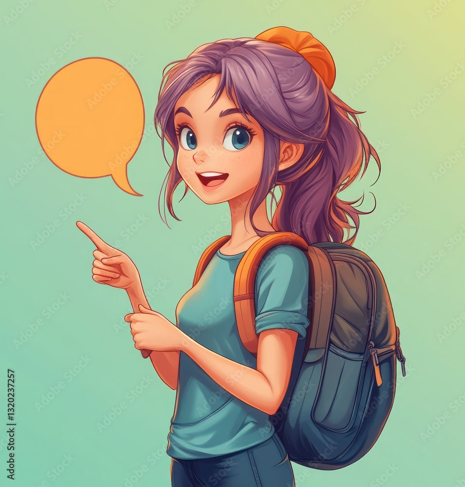 Cheerful Girl with Purple Hair Talking in Speech Bubble with Backpack
