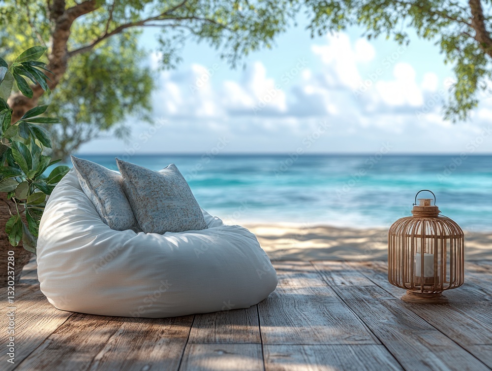 Minimal White Bean Bag Chair on Wooden Deck with Sea View at Serene Beach Minimal White Bean Bag Chair on Wooden Deck with Sea View at Serene Beach