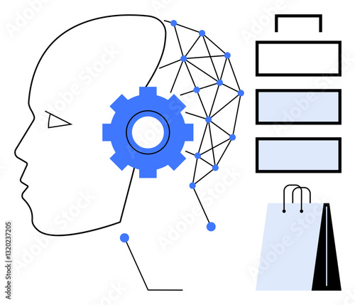 Head profile with neural network, gear symbol, hierarchical structure, and shopping bags. Ideal for technology, AI, e-commerce, innovation automation digital strategy consumer trends. Flat simple