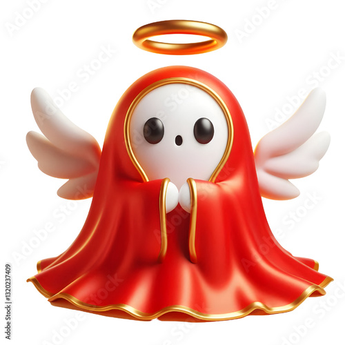 Cute 3d RED ghost cloak surrounded by a golden halo isolated on white background