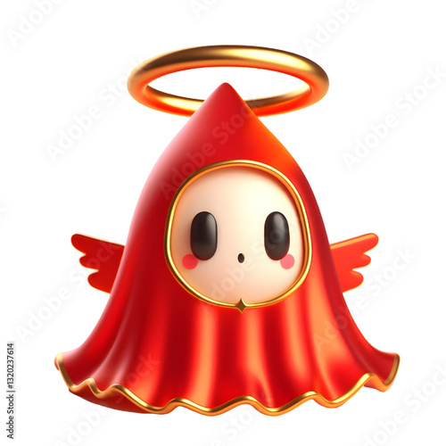 Cute 3d RED ghost cloak surrounded by a golden halo isolated on white background