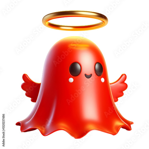 Cute 3d RED ghost cloak surrounded by a golden halo isolated on white background