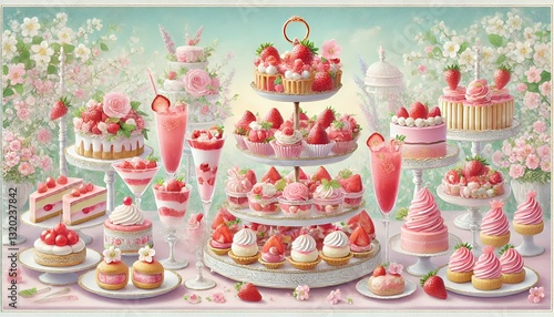 いちごのアフタヌーンティパステル画