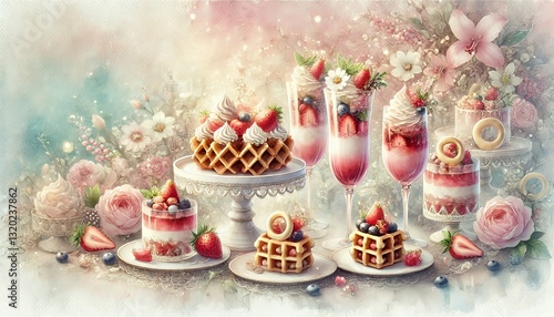 いちごのスイーツセットと花/水彩画