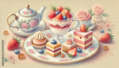 いちごのスイーツセット/パステル画