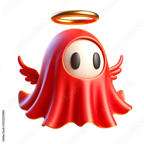 Cute 3d RED ghost cloak surrounded by a golden halo isolated on white background