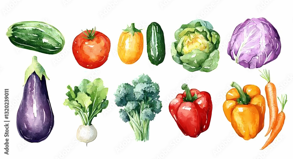 Vibrant Vegetarian Variety: A delightful array of fresh, colorful vegetables, presented in an artistic watercolor style, perfectly representing the bounty of nature's harvest. Vibrant Vegetarian Variety: A delightful array of fresh, colorful vegetables, presented in an artistic watercolor style, perfectly representing the bounty of nature's harvest.