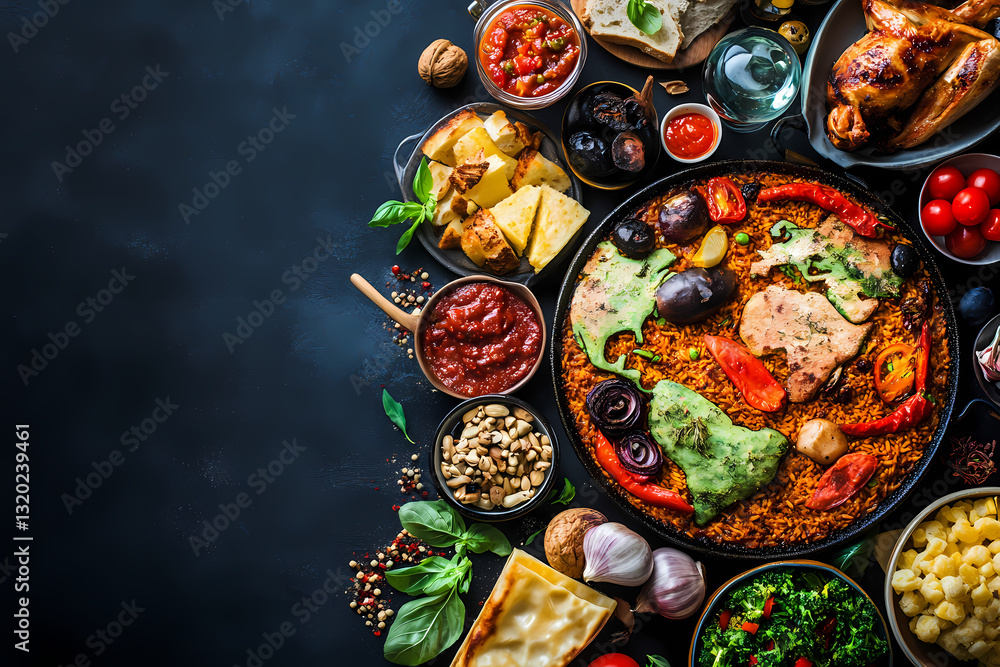 Fototapeta premium Culinary Symphony: A vibrant top-down view showcasing an assortment of diverse dishes, artfully arranged to tantalize taste buds and evoke the spirit of communal dining.