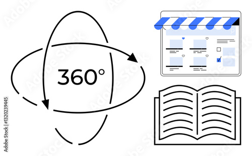 360-degree rotation arrows with text, online storefront interface, open book. Ideal for e-commerce, education, digital resources, user experience, online learning, interactive content customer