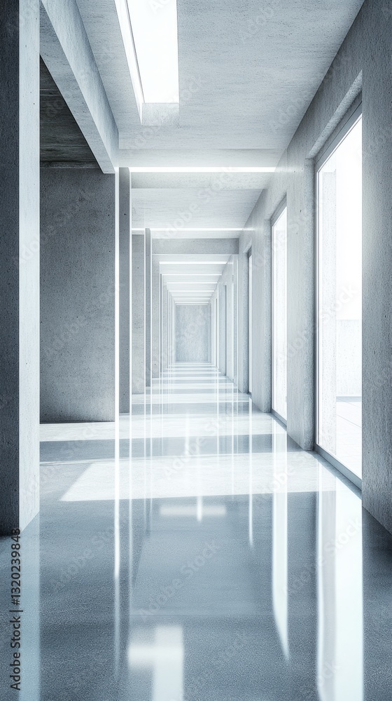 Obraz premium Modern concrete hall with glowing windows, embodying simplicity and clean minimalism in architectural design. 