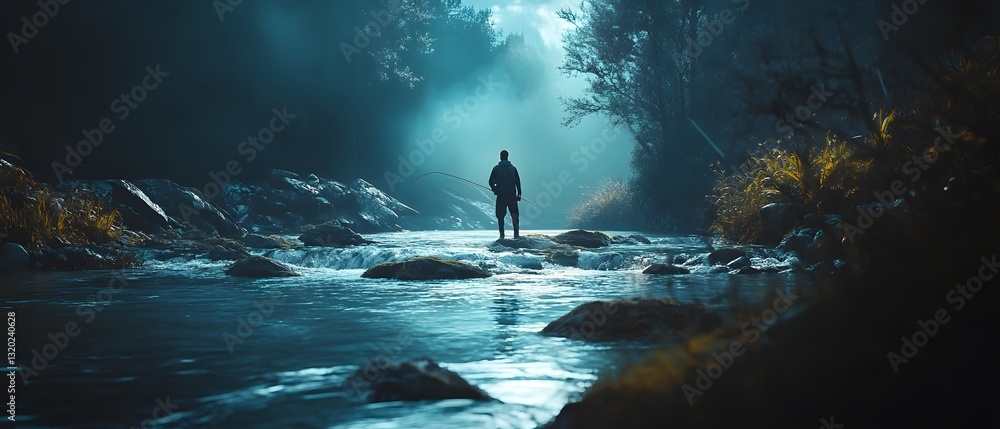 Fototapeta premium A Fisherman Standing Peacefully in a Flowing River Surrounded by the Natural Beauty of the Scenic Landscape and Illuminated by Contemporary Cinematic Lighting