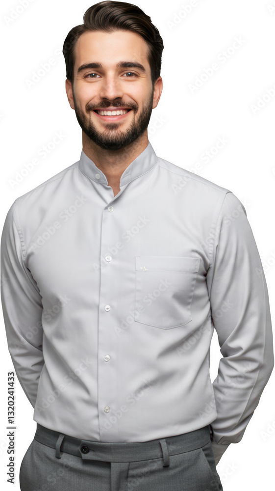 Confident Smiling Man in Stylish Light Grey Shirt Professional Portrait Confident Smiling Man in Stylish Light Grey Shirt Professional Portrait