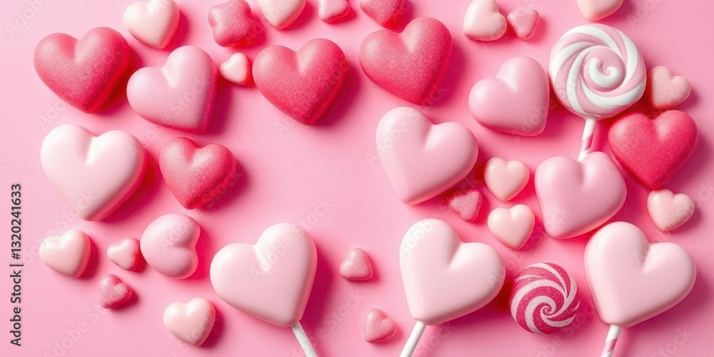 Heart-shaped pink candies and lollipops arranged on a pink background, confectionery, pink background Heart-shaped pink candies and lollipops arranged on a pink background, confectionery, pink background