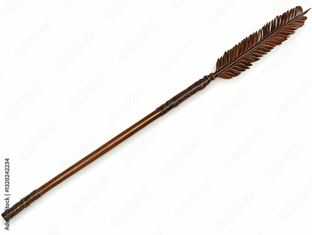 Intricate Carved Wooden Spear with Leaf-Shaped Head, a Decorative Item for Home Decor, Exhibiting Exquisite Craftsmanship, Isolated on White Background Intricate Carved Wooden Spear with Leaf-Shaped Head, a Decorative Item for Home Decor, Exhibiting Exquisite Craftsmanship, Isolated on White Background