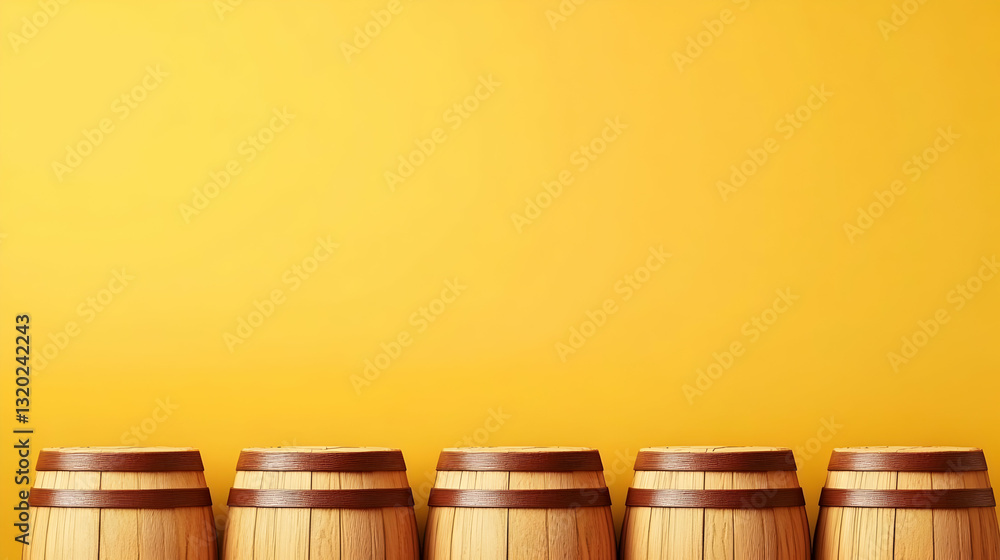 Five Wooden Barrels Arranged Against a Vibrant Yellow Background: A 3D Rendered Illustration Five Wooden Barrels Arranged Against a Vibrant Yellow Background: A 3D Rendered Illustration