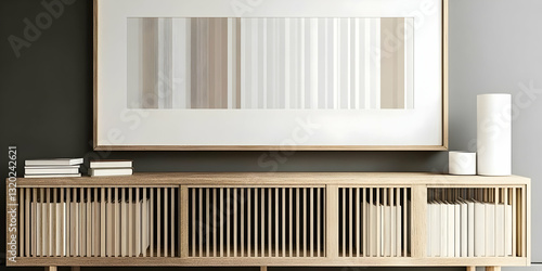 Wallpaper Mural Abstract Beige and White Striped Artwork Displayed Above a Light Wood Cabinet with Books Torontodigital.ca