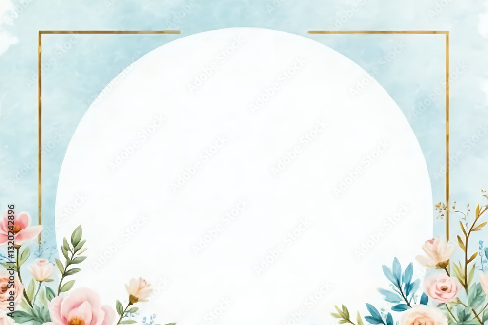 A wedding invitation with a soft pastel blue arch, decorated with delicate watercolor flowers in shades of blush pink, baby blue, and mint green. A wedding invitation with a soft pastel blue arch, decorated with delicate watercolor flowers in shades of blush pink, baby blue, and mint green.