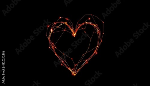 Intricate glowing heart formed from thin, illuminated wires against a stark black backdrop, heart, background
