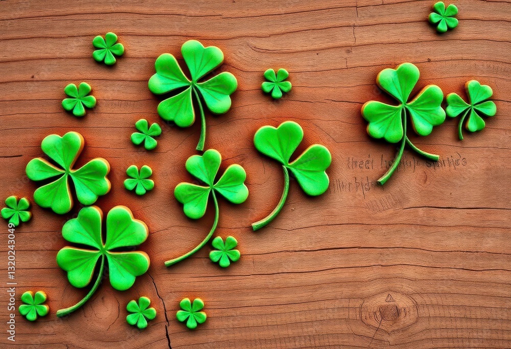 Intricate green shamrock carvings on rustic wood, St Patrick's Day, festival, craft Intricate green shamrock carvings on rustic wood, St Patrick's Day, festival, craft