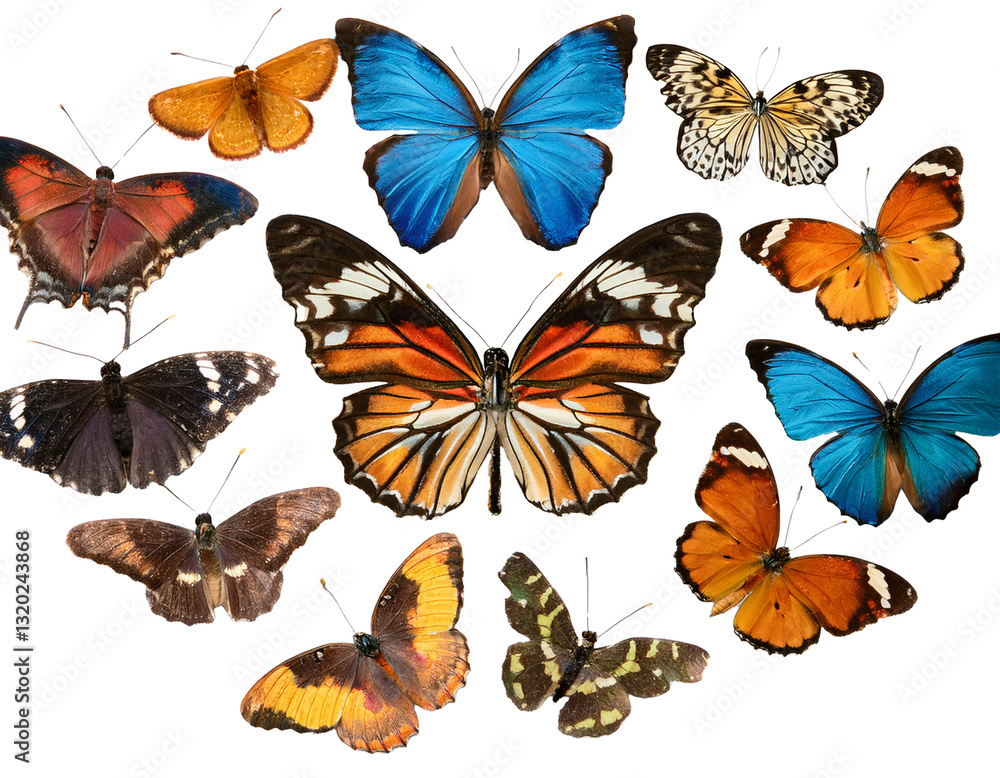 separete Different species of butterflies in a natural spread, isolated on white background separete Different species of butterflies in a natural spread, isolated on white background