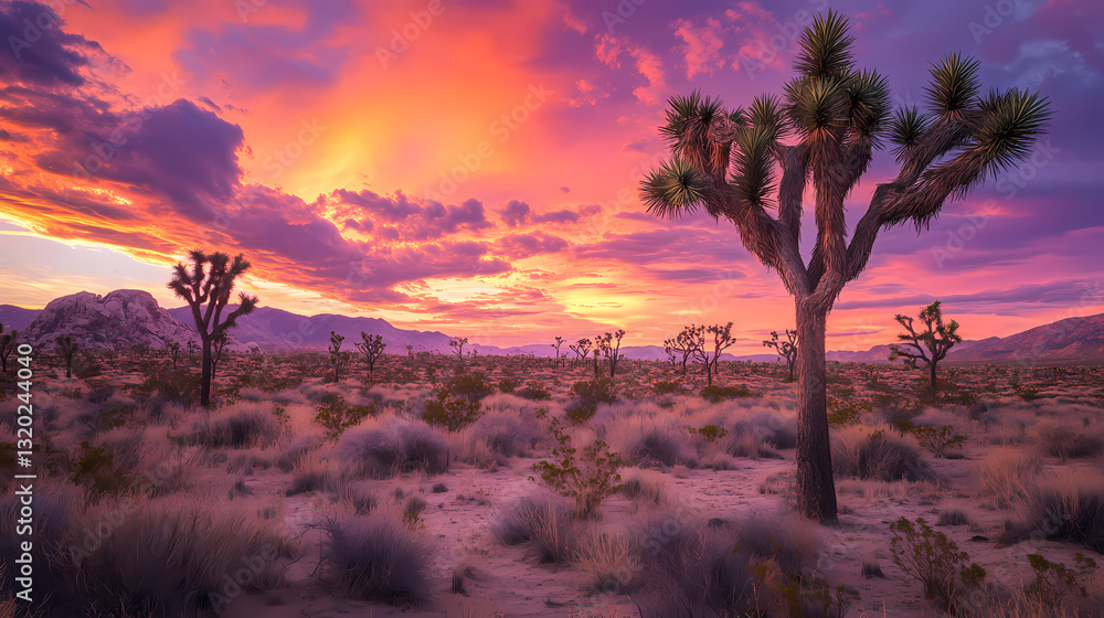 Obraz premium Desert Sunset: A picturesque panorama of the desert landscape unfolds under the vibrant hues of a breathtaking sunset, with silhouetted Joshua trees gracing the foreground.