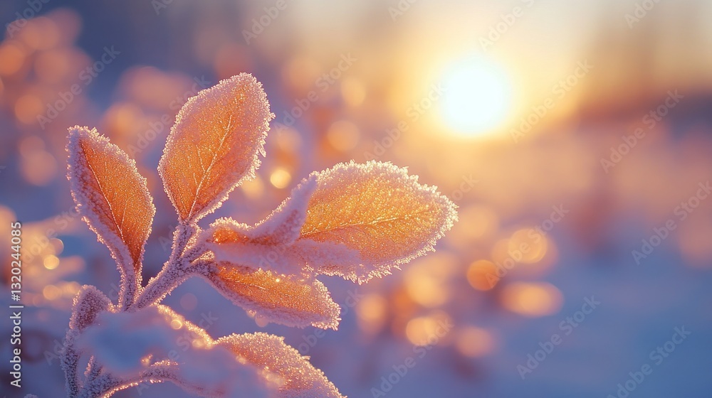 Fototapeta premium Frosted Leaves Illuminated by a Warm Winter Sun at Sunrise