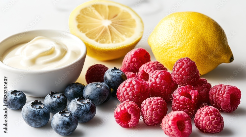 Fresh berries, lemon, and creamy sauce on a white surface Fresh berries, lemon, and creamy sauce on a white surface