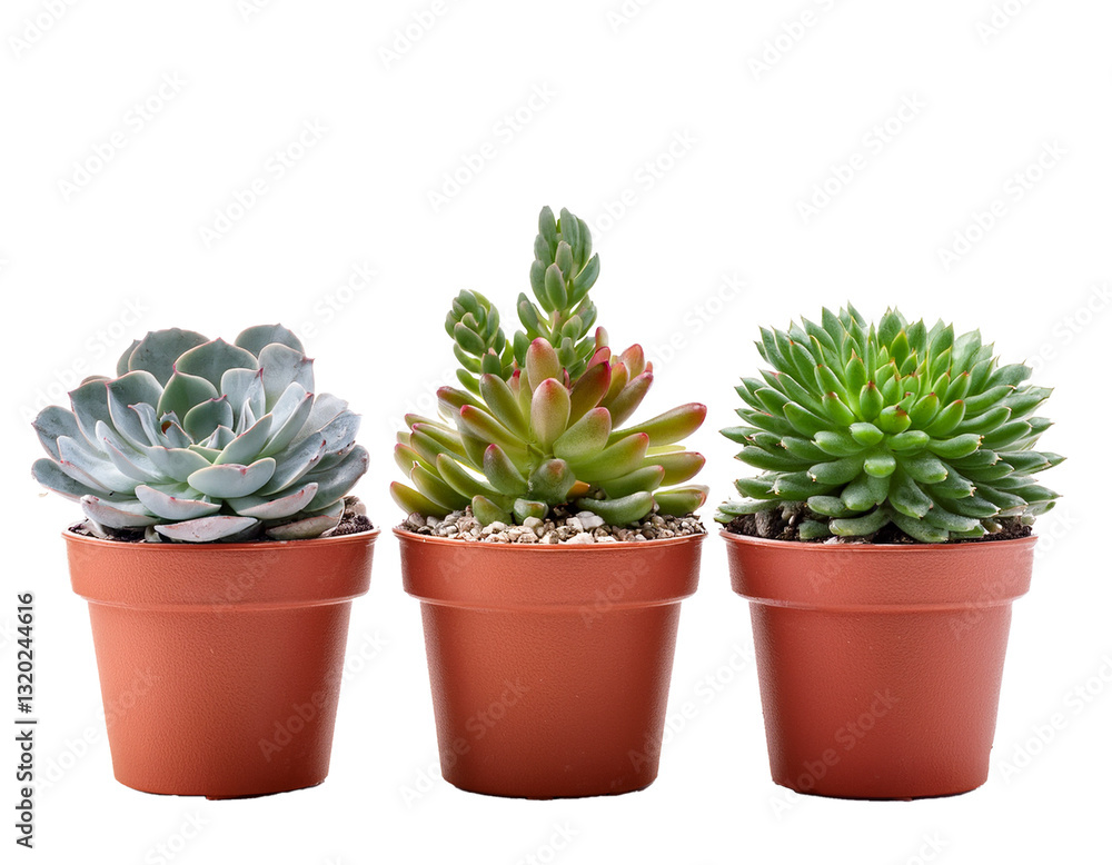 Set of tiny succulents in small pots, isolated on white background Set of tiny succulents in small pots, isolated on white background