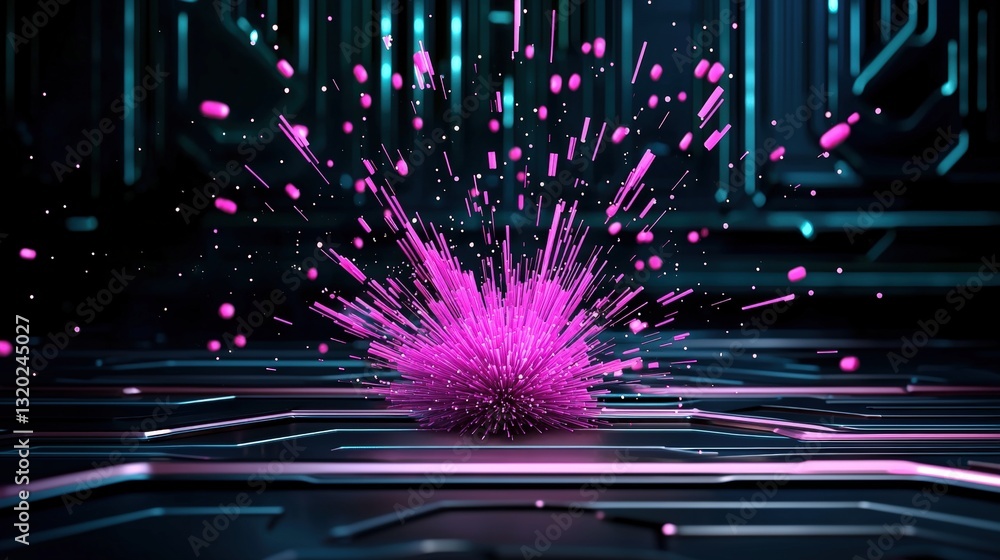 Obraz premium Vibrant pink explosion creating a dynamic 3d grid effect with colorful particles and abstract design aesthetic