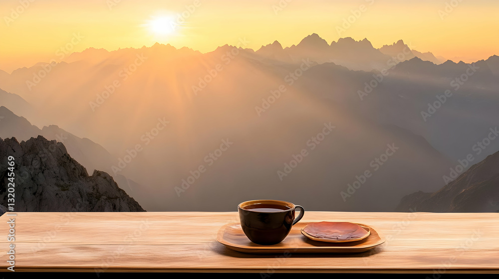 Serene Sunrise: A cup of tea rests on a wooden tray overlooking a majestic mountain range bathed in golden sunlight. Serene Sunrise: A cup of tea rests on a wooden tray overlooking a majestic mountain range bathed in golden sunlight.